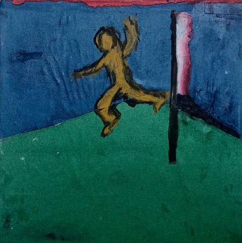 A blue green red collage painting showing a person running and flying an imaginary kite