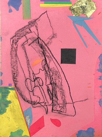 An abstract collage with mostly pink, a black square, and some yellow and green and writing