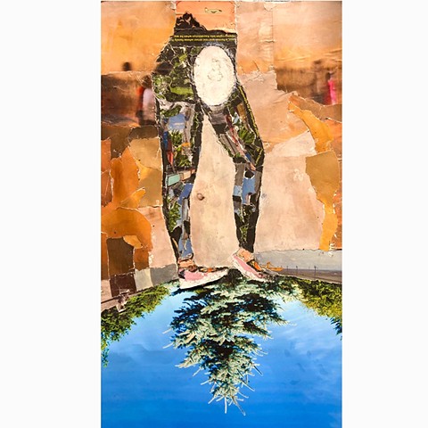 A mixed media piece by Steven Tannenbaum of The Art of Everything (TAO-e) using torn pieces of paper to depict a woman in jeggings standing on top of the world