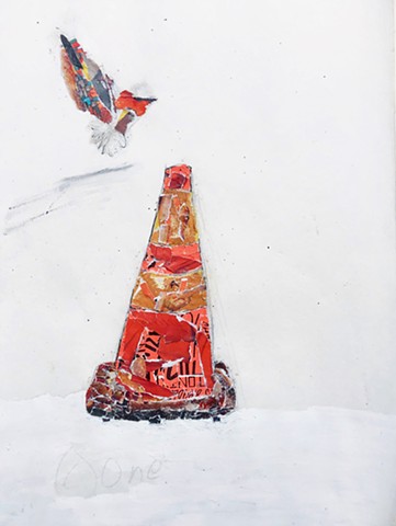 An artwork made using torn pieces of paper (collage) to depict a cone and the number one by Steven Tannenbaum of The Art of Everything TAO-e