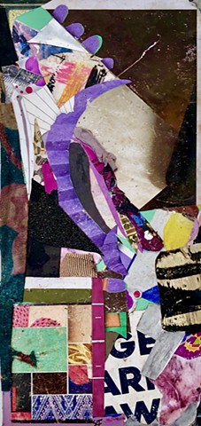 An abstract collage painting using acrylic and found paper scraps - jagged yet smooth, this brown and purple rectangular piece is part of the The Art of Everything.