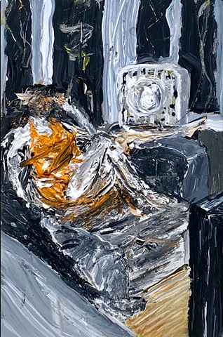 In this painting by Steven Tannenbaum, a woman dressed in orange lays near a fan in the heat.