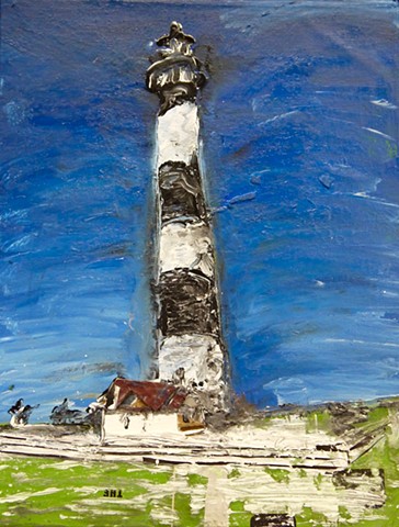 This contemporary art piece by Steven Tannenbaum of StructureSlash Modern Assemblage Art uses acrylic paint, collage, and found objects to create a scene with a lighthouse and a house on grass