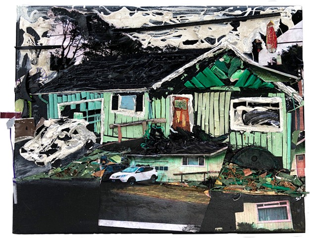 A semi abstract mixed media piece depicting a house, car, sky, and telephone poles made out of found objects, paint, and paper