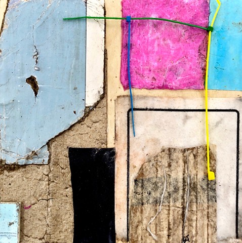 An abstract collage painting using found objects and tissue paper, there are bright colors mixed with dark to create an appealing balance
