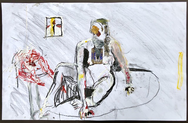 A mixed media figure drawing made from paint, charcoal, and collaging found objects, this piece straddles the line between representation and abstract