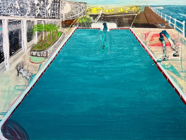 A painting by Steven Tannenbaum showing a large pool with blue water and some buildings in the background.