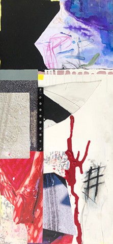 An abstract collage painting with purple, red, white, and black