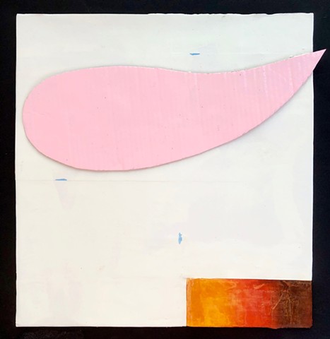 An abstract collage painting using the colors pink, white, and orange, this piece strikes a simple balance between muted colors and shapes along with a fiery glow