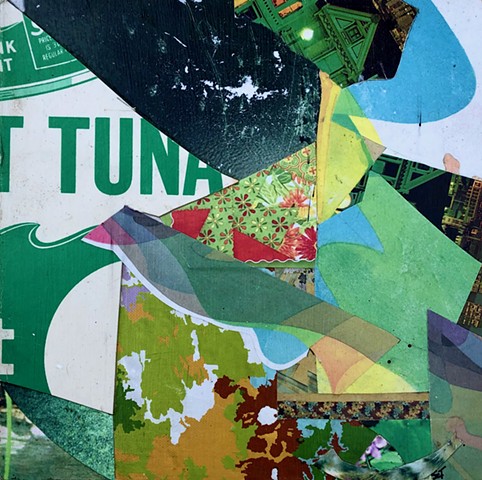An abstract collage by Steven Tannenbaum, this piece investigates the color green and how it interacts with other colors including red, blue, and brown
