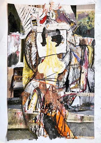 This semi-abstract figure painting by Steven Tannenbaum uses many different medias to show a woman standing in the midst of chaos