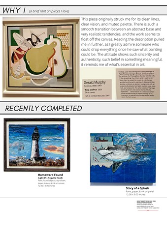 A piece by Gerald Murphy called "Wasp and Pear" along with two mixed media pieces: a found object lighthouse and a shark collage painting