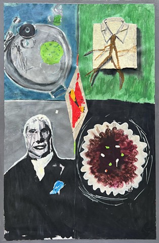 A painting with found objects of a priest man, a coffee filter with pills in it, a martini, and a collared shirt