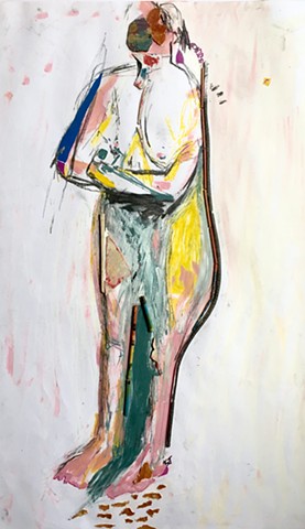 A mixed media figure painting using paper, paint, and other objects to give a picture of a somewhat shy woman with arms crossed
