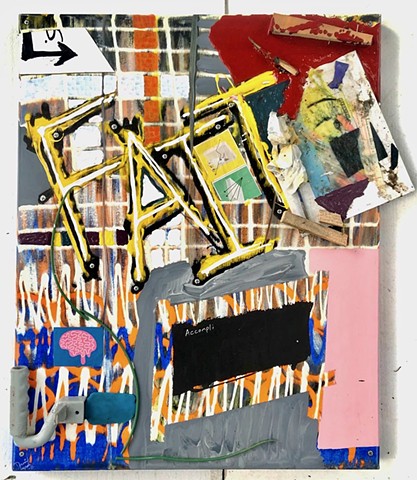 A mixed media collage painting that uses found objects, paint, and paper to create an abstract loud and bright art piece.