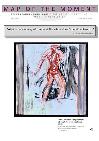 A quote about the elbow by D.T. Suzuki along with a figure sketch piece titled "Spirit Controlled Temperament"