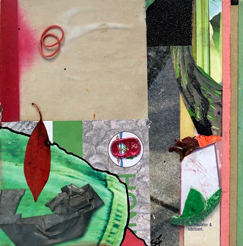 A red and green square glow with inner light - this abstract collage made out of found objects and paper just lights up any room with its presence.