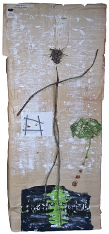 "The Commiseration" is a Mixed Media & Assemblage modern art piece by Steven Tannenbaum using acrylic paint, sticks found on the ground, radishes, nails, popcorn, and other found objects on paper and cardboard using the colors green, white, along with dan