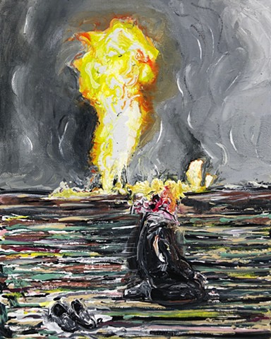 A painting showing a man kneeling and praying with his shoes off in front of an oil well that is exploding into a big fireball