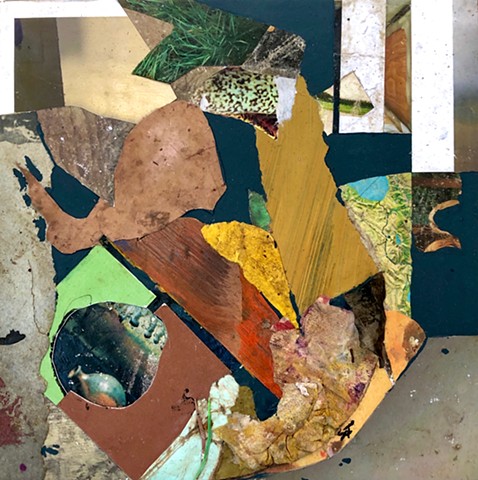 An abstract collage painting using acrylic and found paper scraps from the floor to create a coherent whole - simple yet striking.