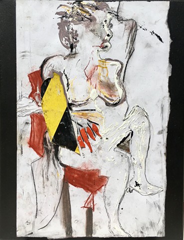 A modern Assemblage art piece by Steven Tannenbaum of STRUCTURESlaah art, this figure portrait uses Found objects, chalk, charcoal, and paint to represent a female nude body. 