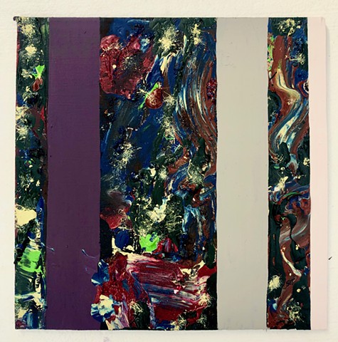 An abstract painting featuring the battle and balance of order and chaos - this piece uses Farrow & Ball paint for the blocks of color and acrylic for the splatter