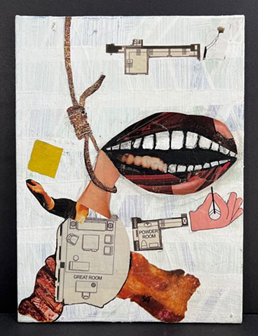 A collage of a Francis-Bacon-style mouth along with a noose, bacon, meat, and guns along with a flower