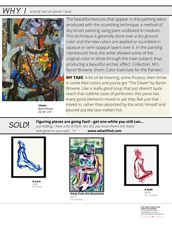 Page 2 features a painting by Byron Browne titled "Clown" and some pieces sold by Steven Tannenbaum - "a look" "a turn" and "Figuring (away from the ocean)"