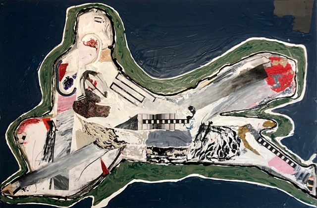 This abstract figure painting by Steven Tannenbaum includes found objects and collage elements to portray a nude woman laying