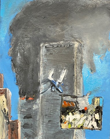 A painting of the iconic photo of planes crashing in the the World Trade Center.