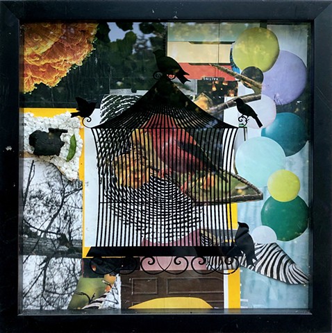 Collage art with birds in a cage and balloons