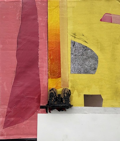 An abstract construction - collage art painting using cardboard, paper, and paint to make a bright vibrant pink, yellow, & white image