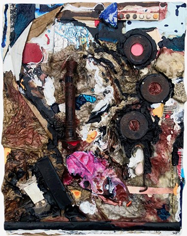 An abstract collage sculpture using found objects, paint, and paper to create a painting which represents both the banal and worthless yet also the sublime