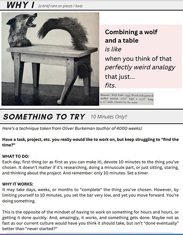 A piece by Brauner from 1939 called Wolf-Table, along with a productivity tip from Oliver Burkeman (author of 4000 weeks) involving doing a task for just 10 minutes a day
