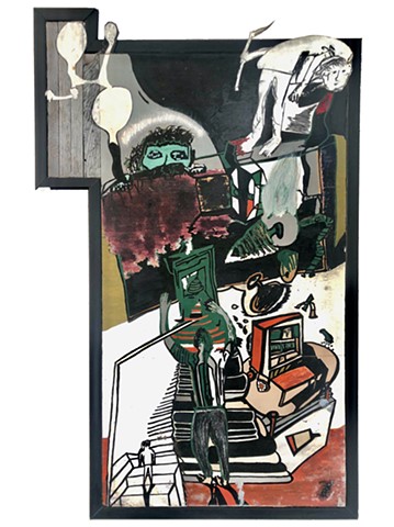 A surreal painting by Steven Tannenbaum of Tao-E, this green and black piece depicts a man reaching and grasping, along with a wraith and different modes of thought and contemplation.
