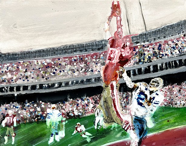 A painting of the iconic photo of Dwight Clark making a catch from Joe Montana in the 1981 Superbowl