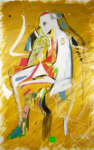 Acrylic abstract figure painting by Steven Tannenbaum on paper with mixed media and collage 