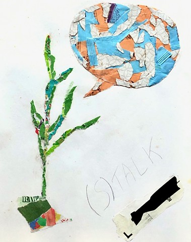 A collage using torn bits of paper to create both a stalk and a talk bubble