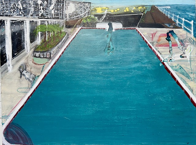 A painting by Steven Tannenbaum showing a large pool with blue water and some buildings in the background.