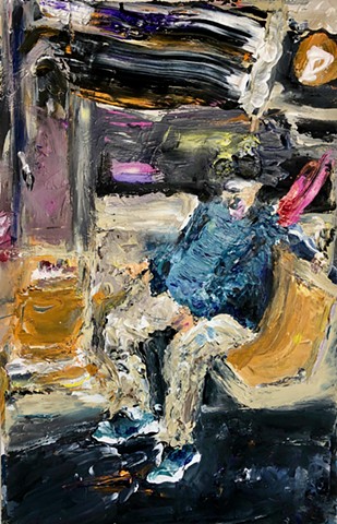a man sits alone on a bus, by himself, having a bad day. A painting by Steven Tannenbaum
