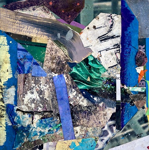 An abstract collage painting using blue paper scraps to form a rolling picture of the sea, sky, and ocean beaches
