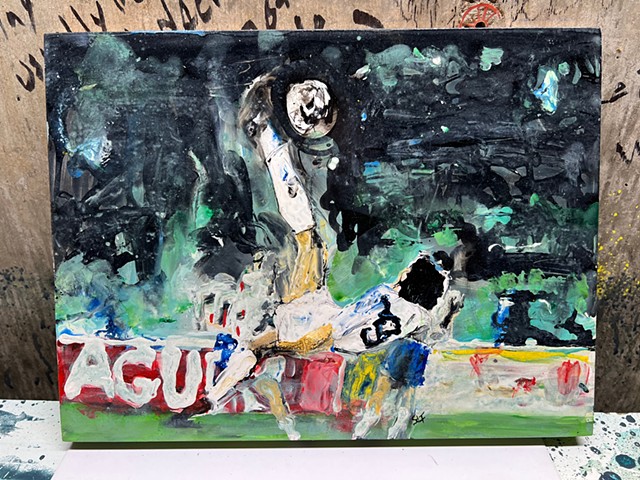 A painting of a photo of a bicycle kick by the famed footballer soccer player Hugo Sanchez