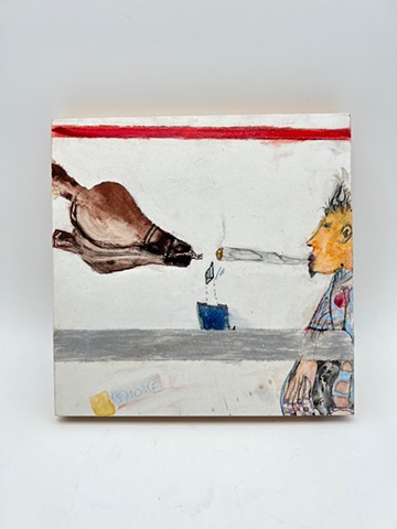 from the 'one word' series by Steven Tannenbaum, this artwork depicts both a fireplace stoker and a person toking on a joint