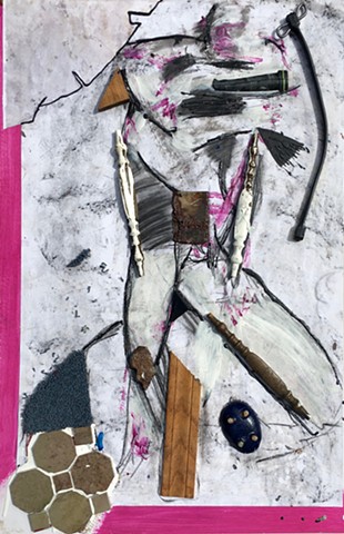 This mixed media piece by Steven Tannenbaum incorporates found objects & designer samples (assemblage) along with acrylic paint and charcoal to create a likeness of a figure who is throwing an elbow over their face