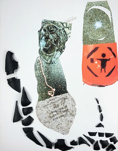An orange, black, and white Abstract Placing which uses objects and pictures of objects to create a grabbing moving motion