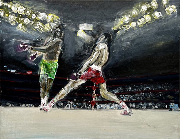 A painting of the iconic photo of Muhammad Ali dodging a punch