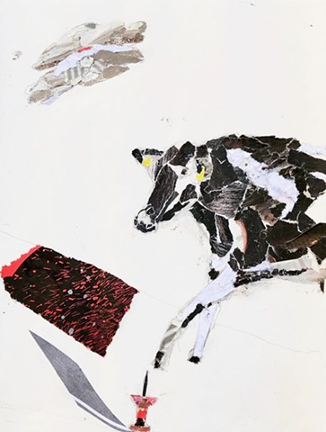 A hand torn collage of a cow getting poked