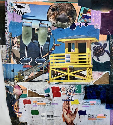 A mixed media collage using ink and paper, this piece is very beach-y with an otter, fish, a turtle; also "We're the best from the Nest" and glasses of champagne!