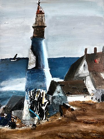 lighthouse found object collage painting