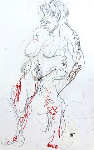 This painting by Steven Tannenbaum uses acrylic paint and charcoal to do a rough sketch of a nude female form using black, white, grey, and red as colors